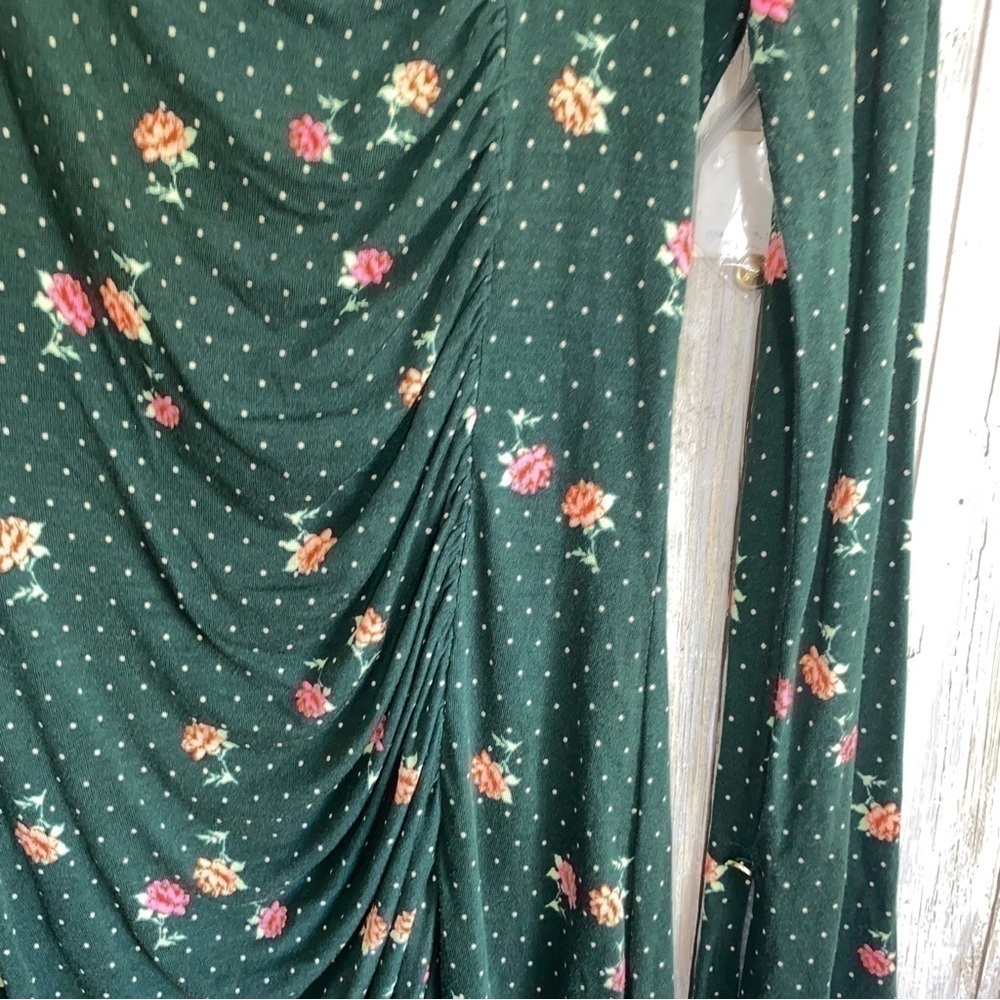 Free People Cecilia Floral Mini Dress Emerald Green Square Neck Ruched Bodycon L - Picture 3 of 9